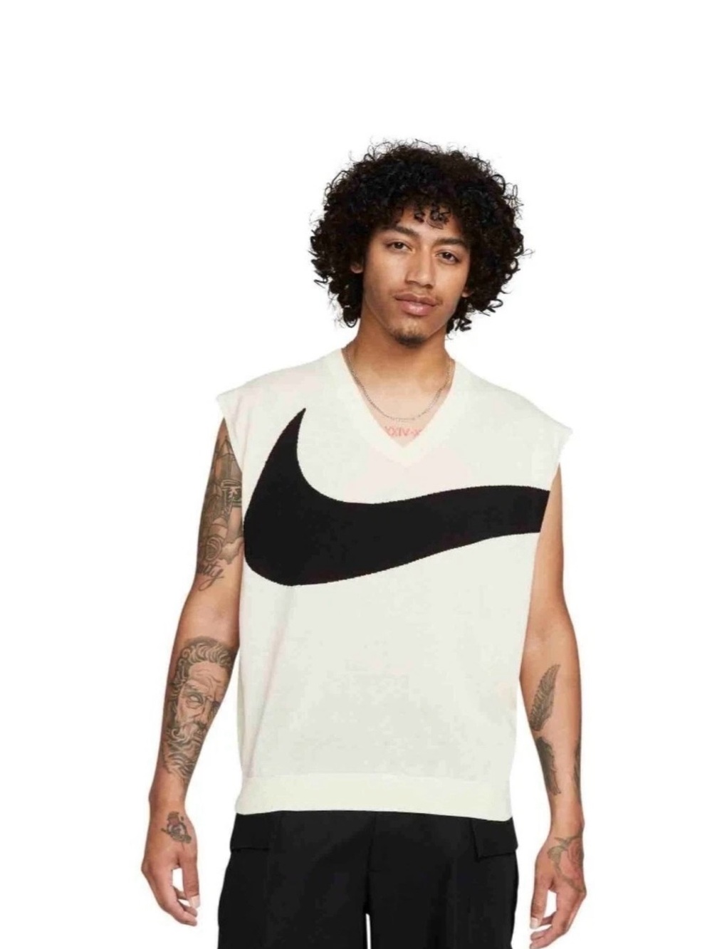 Nike Swoosh Knit Sweater Vest XL Cream Black V-Neck Oversized NWT FD2873-113